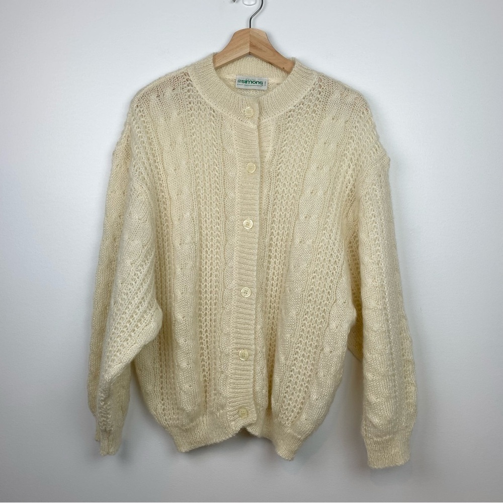 Kid Mohair Cable Knit Cardigan Ivory Ecru Sz Medium GrandmaCore Cottagecore Vtg